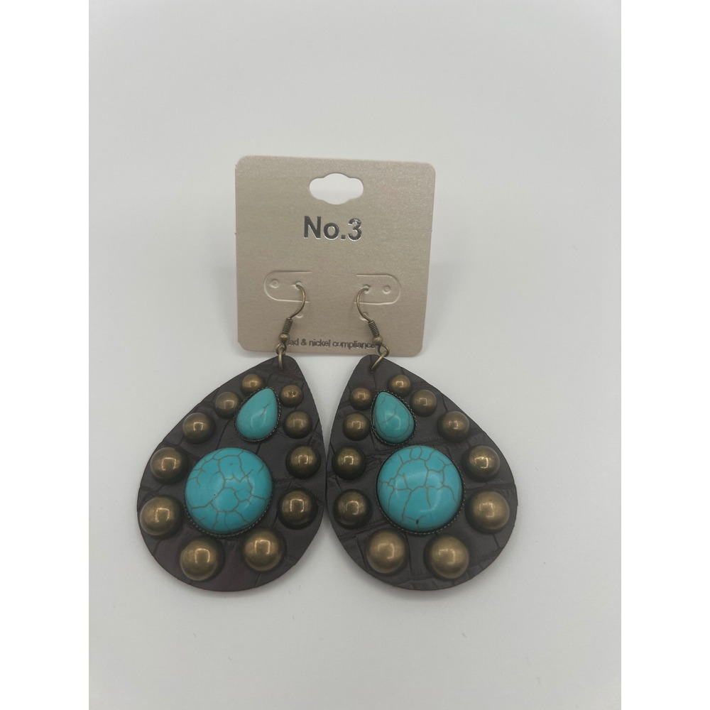 No.3 Western Turquoise Studded Faux Leather Teardrop Earrings SE7094DBR Brown